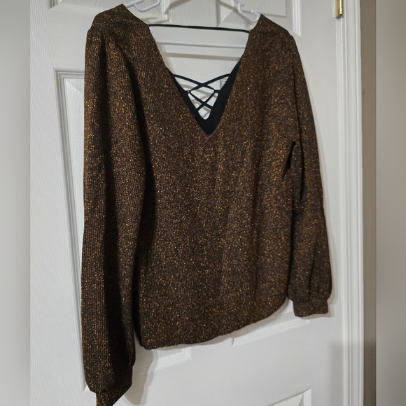 Gimmicks by BKE Floral Embroidered Brown & Gold Metallic Top, Deep V-Neck, EUC! - Picture 6 of 9